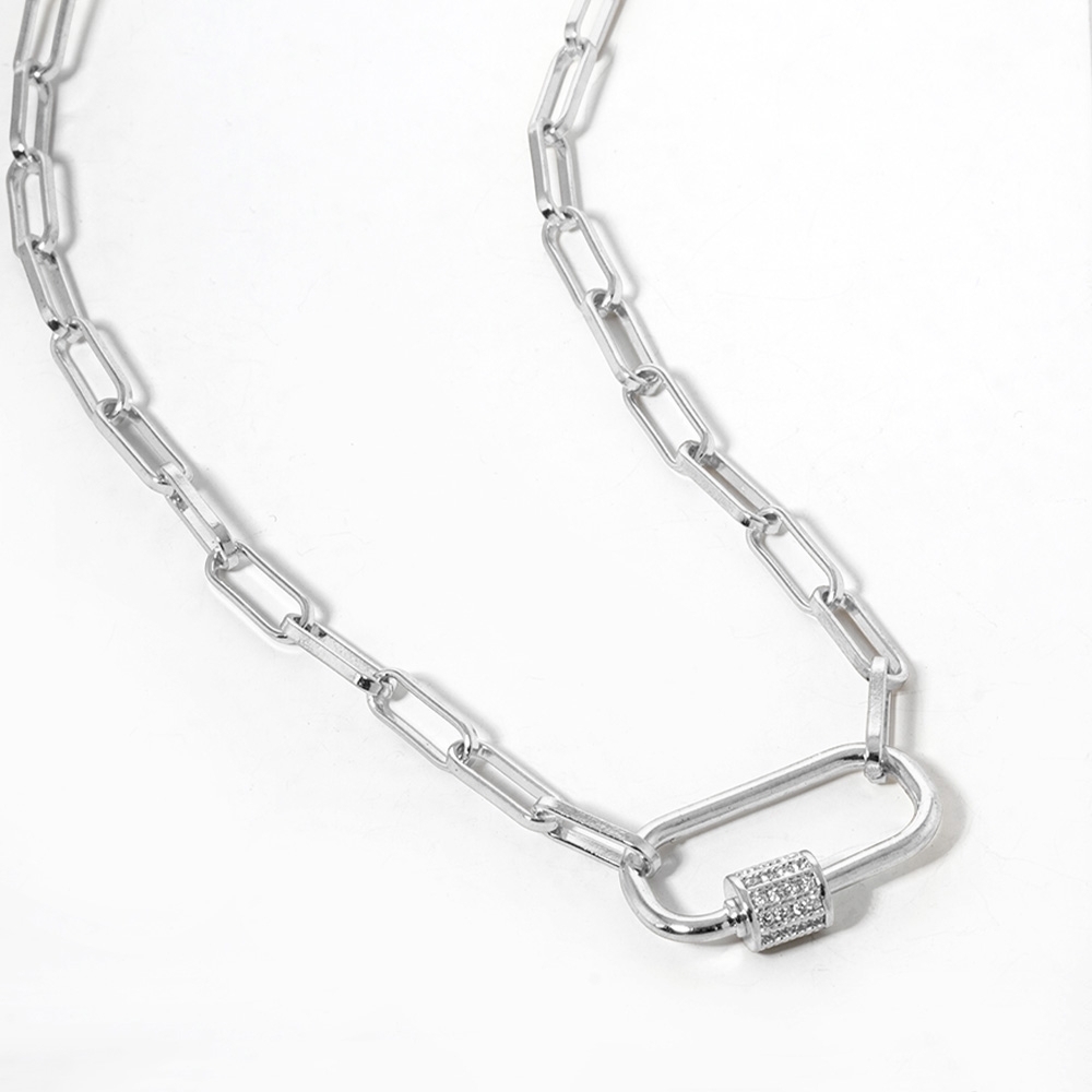 White Gold CZ Stone Crystal Carabiner Paperclip Link Chain Pendant Necklace